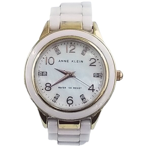 Anne Klein Women's Pink Enamel Gold Tone Watch Mother of Pearl Stainless Steel - Picture 1 of 10